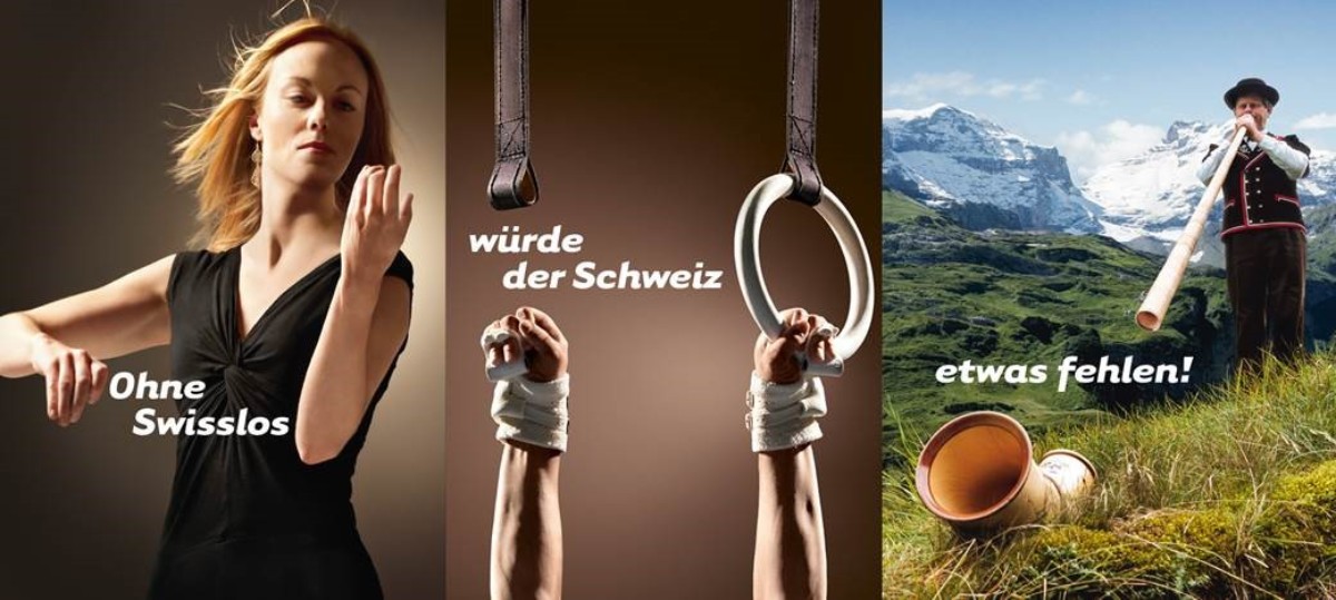 Ohne Swisslos würde der Schweiz etwas fehlen: Geigerin ohne Geige, Ringer mit nur einem Ring und Alphornbläser mit defektem Alphorn.